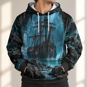 Pirate Shipwreck in Hidden Sea Cave for Dark Adventure Outings and Coastal Explorers All-over Print Hoodie (Lightweight)