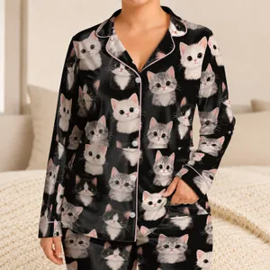 Black, Gray & White Kitten Faces for Cozy Cat-Lover Nights and Sweet Gift Giving Satin Pajamas Set