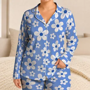 Blue And Ivory Daisies For Cheerful Relaxed Evenings And Cozy Home Comfort Satin Pajamas Set