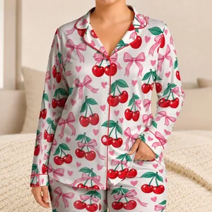 Cherry And Pink Bow Motifs For Cozy Evenings And Relaxed Weekend Lounging Satin Pajamas Set
