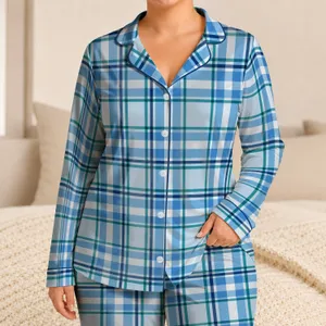 Blue Green Tartan Checks for Calm Cozy Evenings and Relaxed Weekend Lounging Style Satin Pajamas Set