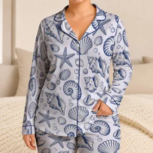 Navy Seashells and Starfish for Relaxed Coastal Getaways and Easy Summer Lounging Satin Pajamas Set