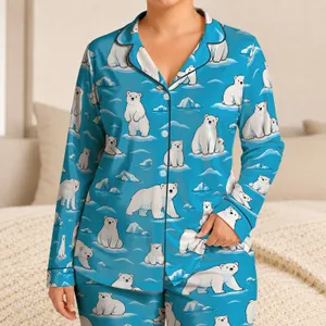 Ice Blue Polar Bear Motifs for Cozy Arctic Summer Lounging and Relaxed Evenings at Home Satin Pajamas Set