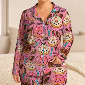Pink Kawaii Donut Treats for Cozy Sweet-Tooth Lounging and Cheerful Dessert Lovers Satin Pajamas Set