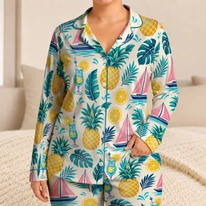 Pineapples, Citrus And Sailboats For Cheerful Coastal Summer Holiday Escapes Together Satin Pajamas Set