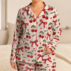 Cherry Bows And Twin Cherries For Cozy Holiday Evenings And Everyday Relaxation Satin Pajamas Set