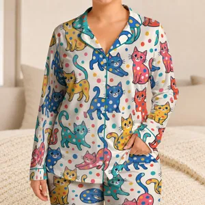 Colorful Polka Dot Cats for Cozy Home Lounging and Playful Summer Days for Women Satin Pajamas Set
