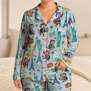 Playful Monkey Travel Icons for Cozy Getaways and Whimsical Vacation Adventures Satin Pajamas Set