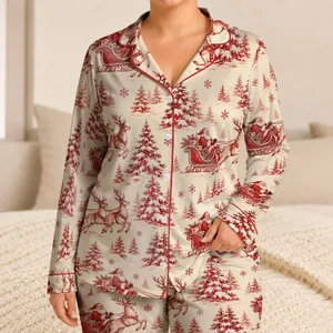 Santa Sleigh and Leaping Reindeer for Cozy Christmas Holiday Mornings Satin Pajamas Set