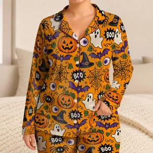 Halloween Pumpkins, Ghosts & Spiders for Cozy October Evenings and Seasonal Gifting Satin Pajamas Set