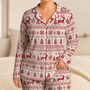 Red Nordic Reindeer, Fir Trees And Snowflakes For Cozy Christmas Holiday Celebrations Satin Pajamas Set