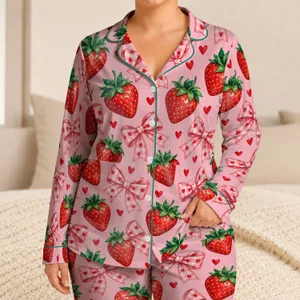 Strawberry Bow and Heart Motif for Sweet Holiday Lounging Satin Pajamas Set