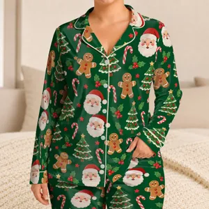 Gingerbread Friends, Santa Faces and Candy Canes for Cozy Christmas Cheer for Girls Satin Pajamas Set