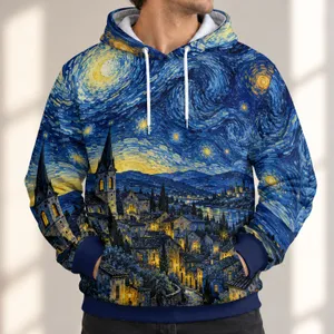 Swirling Midnight Sky and Lantern-Lit Village for Evening Strolls and Art Lovers All-over Print Hoodie (Lightweight)