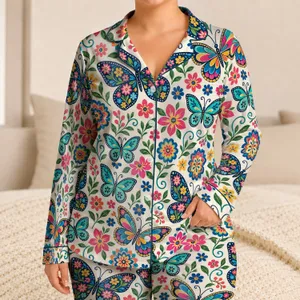 Colorful Butterfly And Wildflower Boho Art For Birthday Outings And Girls' Gifts Satin Pajamas Set