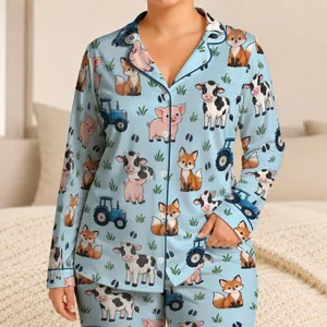 Farm Animals and Blue Tractors for Cozy Bedtime and Playful Days with Toddlers Satin Pajamas Set