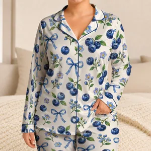 Blueberry Bow And Blossom Motifs For Sweet Summer Lounging And Cozy Bedtime Moments Satin Pajamas Set