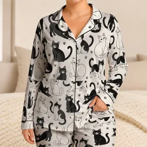 Playful Black And White Cats For Cozy Nights And Sweet Everyday Home Lounging Satin Pajamas Set