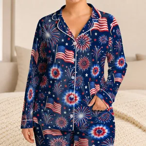Red White And Blue Fireworks And Flags For Fourth Of July Summer Celebrations Satin Pajamas Set