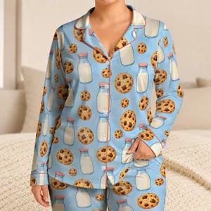 Milk Bottle And Chocolate Chip Cookie Motifs For Cozy Everyday Lounging Satin Pajamas Set