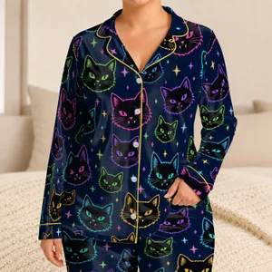 Neon Cat Faces and Colorful Stars for Cozy Fall Nights and Halloween Fun Satin Pajamas Set