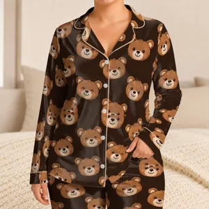 Cute Brown Bear Faces for Cozy Bedtime Adventures and Playful Nights for Boys and Girls Satin Pajamas Set