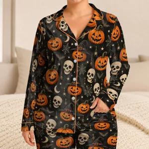 Halloween Pumpkin Skull Motifs for Cozy October Nights and Spooky Seasonal Family Fun Satin Pajamas Set
