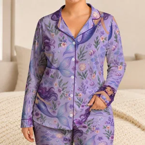 Lavender Mermaid And Sea Flower Motifs For Cozy Storytime Nights For Young Girls Satin Pajamas Set