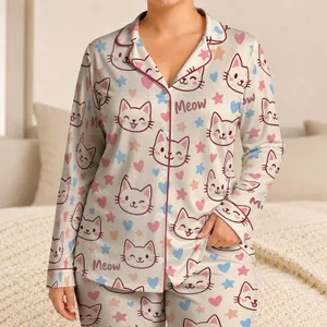 Playful Cat Faces and Pastel Hearts for Cozy Bedtime Moments and Sweet Dreams for Girls Satin Pajamas Set