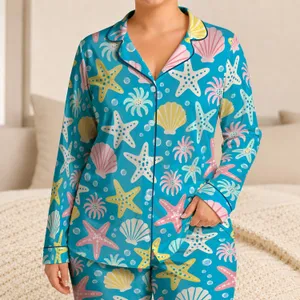 Turquoise Starfish and Seashells for Cozy Coastal Summer Evenings for Young Girls at Home Satin Pajamas Set