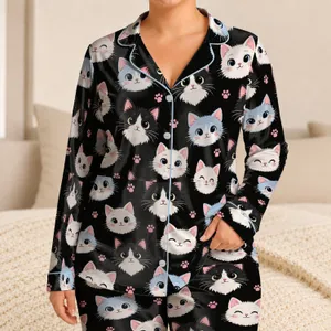 Black, White And Pale Blue Cat Faces For Cozy Bedtime And Sweet Little Girls Satin Pajamas Set