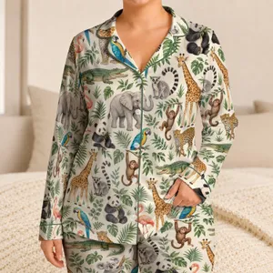 Jungle Animals and Lush Leaves for Cozy Forest-Themed Family Lounging Satin Pajamas Set