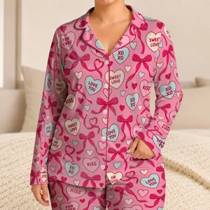 Pink Heart Bows and Sweetheart Messages for Valentine Gifts and Best Friends Satin Pajamas Set