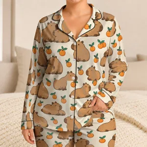 Cozy Capybara and Mandarin Motifs for Relaxing Autumn Evenings with Kids Satin Pajamas Set