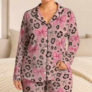 Blush Leopard Spots With Playful Pink Bows For Cozy Summer Lounging And Holiday Gifting Satin Pajamas Set