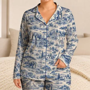 Blue Toile Safari Scenes for Cozy Vacation Days and Relaxed Family Getaways at Home Satin Pajamas Set