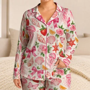 Pink Coastal Bows, Shells And Strawberries For Sweet Summer Holiday Lounging Days Satin Pajamas Set