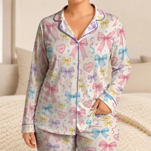Pastel Ribbon Bows And Sweet Hearts For Cozy Autumn Evenings And Holiday Gifting Satin Pajamas Set
