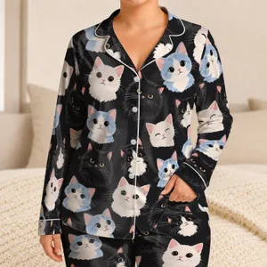 Cute Black, White And Blue Cats For Cozy Lounging And Relaxed Home Days Satin Pajamas Set