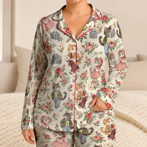 Whimsical French Cat Companions and Rose Bouquets for Cozy, Charming Gift Giving Anytime Satin Pajamas Set