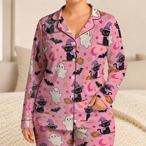 Cute Black Cats, Bats, Ghosts and Crescent Moons for Cozy Halloween Nights for Girls Satin Pajamas Set