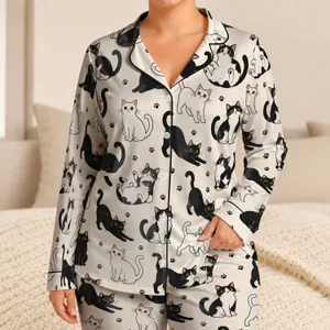 Black And White Playful Cats For Cozy Home Evenings And Children's Holiday Gifts Satin Pajamas Set