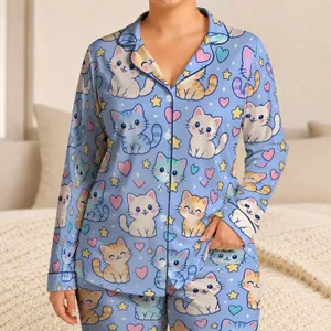 Pastel Cat Hearts and Stars for Cozy Summer Nights and Sweet Gifts for Girls Satin Pajamas Set
