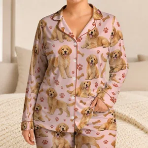 Golden Retriever Puppies with Paw Prints for Cozy Family Mornings and Playful Days Satin Pajamas Set