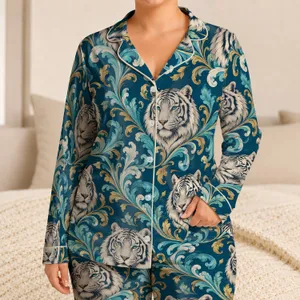 Blue White Tiger and Gold Scrolls for Mystical Lounging and Relaxed Evenings at Home Satin Pajamas Set