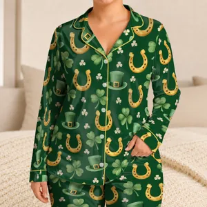 Golden Horseshoes And Lucky Clovers For Relaxed St Patrick's Day Evenings Satin Pajamas Set