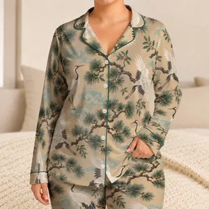 White Cranes and Pine Boughs for Serene Coastal Getaways and Summer Retreats Satin Pajamas Set