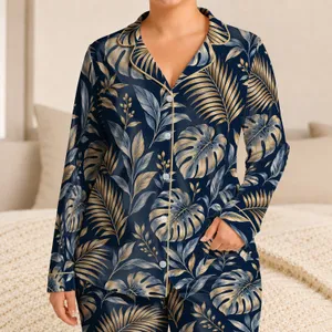Golden Palm And Monstera Leaves For Relaxed Tropical Vacation Style Satin Pajamas Set