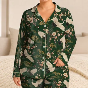 Cranes and Cherry Blossoms for Serene Getaways and Elegant Everyday Lounging Satin Pajamas Set