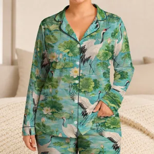 White Crane Lotus Pond Serenity for Relaxed Coastal Getaways and Nature Lovers at Home Satin Pajamas Set